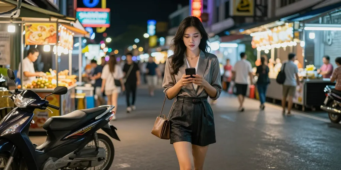 Cảnh gái gọi trong thành phố với ánh đèn neon, thể hiện cuộc sống về đêm sôi động.
