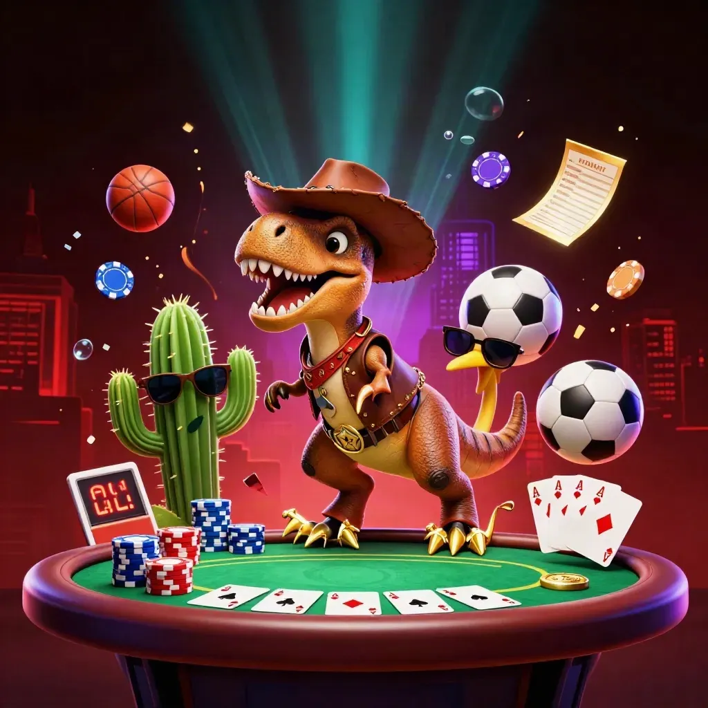 Cartoon T-Rex, cactus, and roadrunner amid poker chips, cards, ball, and neon casino lights