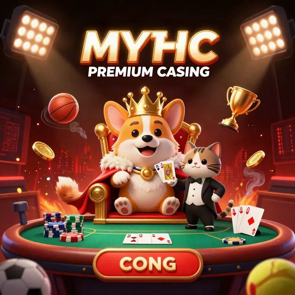 Royal corgi on poker-chip throne with cat butler, chips, coins, balls, trophy, and dramatic casino lights.