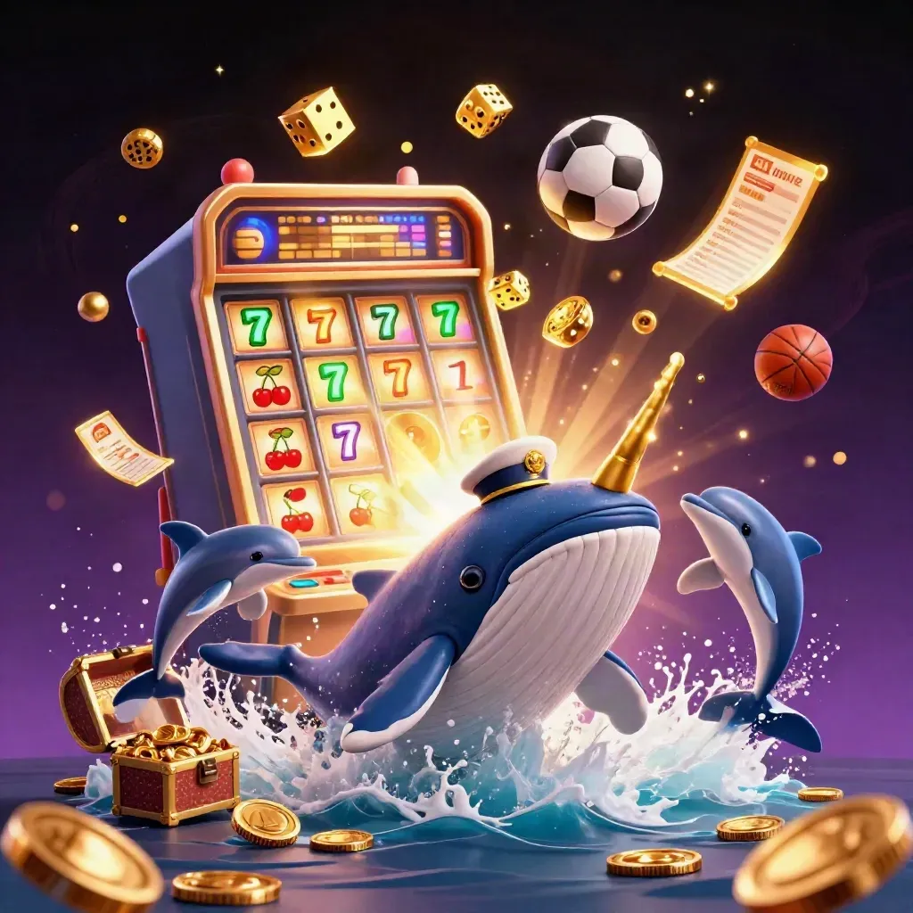 Whale, narwhal and dolphins explode through coins with slots, balls and gold in a neon casino scene.