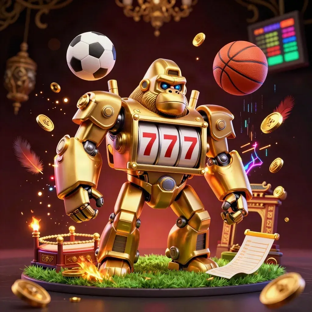Golden gorilla mech with casino reels, coins, and sports balls exploding under neon light.
