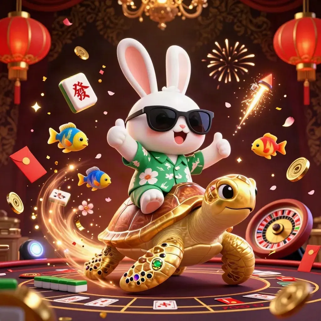 Lucky rabbit on a gold turtle amid mahjong tiles, lanterns, confetti and casino glow.