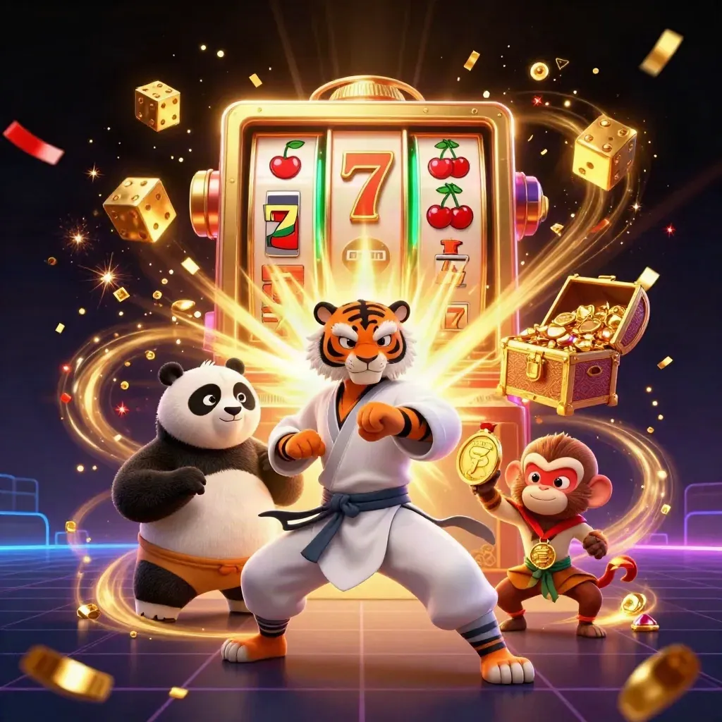 Kung-fu tiger, panda, and monkey amid a bursting jackpot machine and gold coins