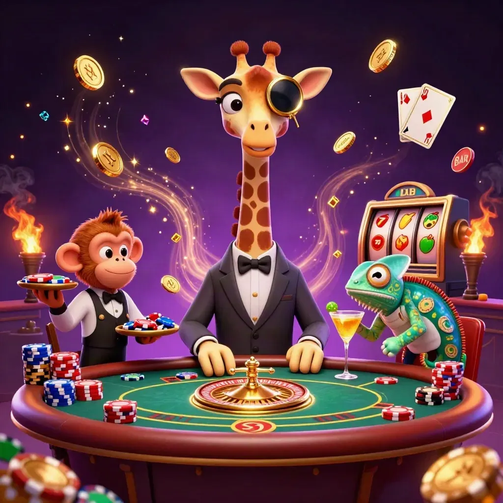 Giraffe, monkey valet, and chameleon at a VIP poker table amid coins, gems, chips, and casino glow.