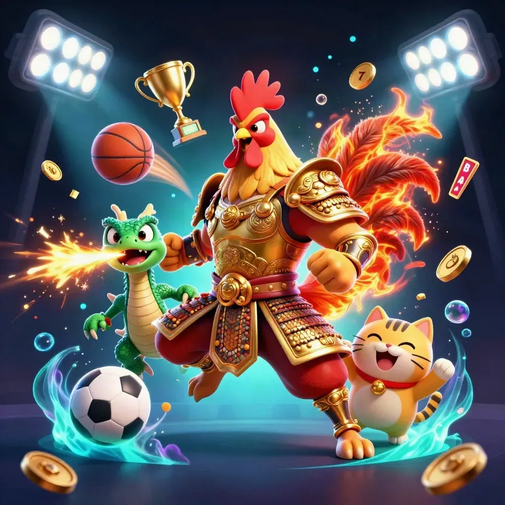 Rooster samurai, spark-breathing dragon hatchling and cheering fortune-cat amid casino sports chaos.