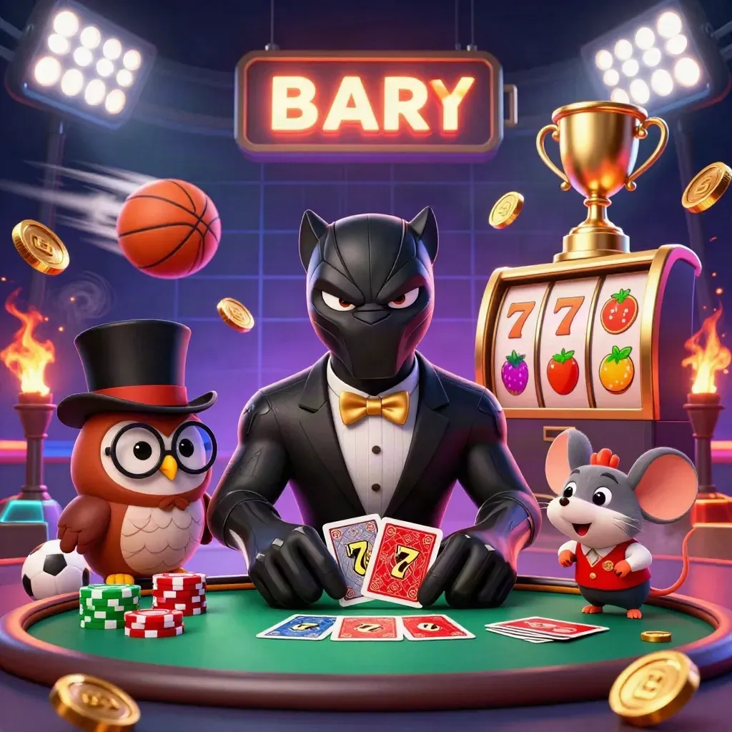 Black panther, owl and mouse deal cards amid neon jackpots, flying balls, coins and torchlight.